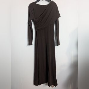 Ogl Move Chocolate Dress Brown Long Sleeve Boatneck Ruched Midi Brami Dress Sz S